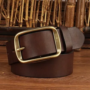 Retro brown leather belt with vintage gold-tone pin buckle for casual jeans and daily wear.