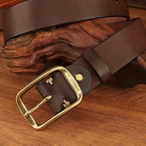 Classic brown leather belt with brass metal pin buckle, retro style jeans belt for casual wear.