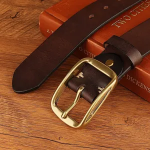 Vintage brown leather belt with brass pin buckle for men and women retro casual jeans belt