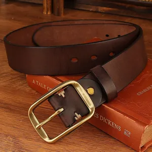 Vintage brown leather belt detail, classic pin buckle design, perfect for casual jeans.