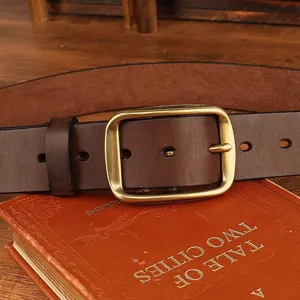 Retro brown leather belt with classic brass pin buckle, perfect for casual jeans and daily wear.