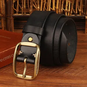 Classic black leather belt with vintage brass pin buckle, perfect for stylish jeans and trousers.