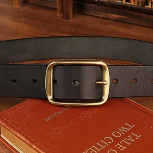 Vintage black leather belt with retro brass pin buckle for men and women, casual and stylish.