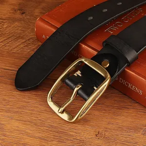 Vintage black leather belt detail featuring durable metal pin buckle and premium texture.