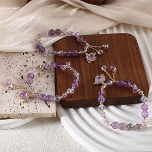 Natürlicher Amethyst Perlenarmband Herzanhänger Strass Eingelegt Mori-Stil Vintage Quaste Handgefertigt Kristall Armband Damen