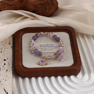 Elegantes Armband aus natürlichen Amethystperlen mit kristallbesetztem Herzanhänger