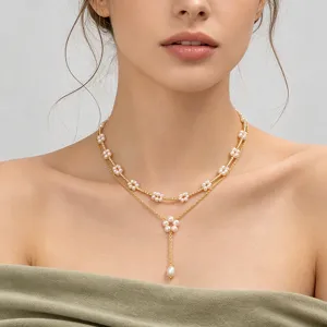 Französisch Elegante Süßwasserperle Kette Für Damen Vergoldetes Kupfer Quaste Blumen Choker Doppelpack Layering Anhänger Halskette Schmuck