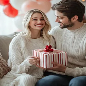 Glückliches Paar-Lifestyle-Szene beim Schenken einer minimalistischen Perlenkette