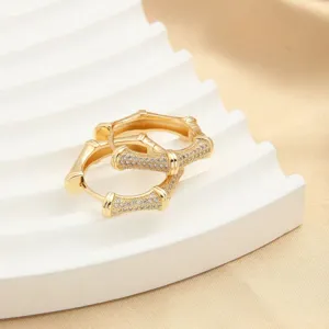 Detailansicht eleganter goldener Creolen im Bambus-Design mit funkelndem Zirkonia-Besatz