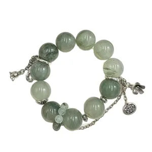 Exquisites Naturgrünes Rutilquarz-Armband mit silbernen Blumen- und Quastenanhängern