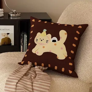 Brown cartoon throw pillow case, Maillard style cute animal print decorative cushion cover.