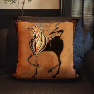 French vintage luxury throw pillow cover with elegant retro equestrian art design for sofa.