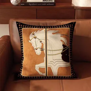 Detailed view of French retro luxury throw pillow featuring elegant horse pattern and gold trim.