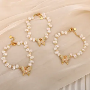 Natürliche Süßwasserperlen Armband Mit Emaille Schmetterling Anhänger Strass Herz Anhänger Barockperlen Armband Für Damen Schmuck Geschenk