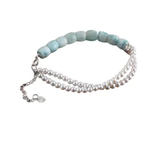 Elegantes Armband aus natürlichem Larimar und Süßwasserperlen mit verstellbarer Silberkette