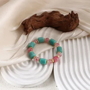 Armband aus natürlichem Amazonit und Kirschblütenachat mit Goldakzenten