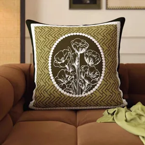 Vintage green decorative pillow with floral line art pearl oval frame and lace trim