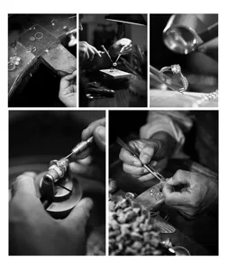 Schwarz-Weiß-Collage, die professionelle Handwerkskunst und Schmuckherstellung zeigt