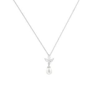 Elegante silberne Kette mit marquise-geschliffenen Steinen und Tropfenperlenanhänger.