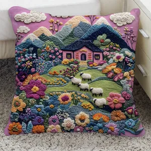 Funda de cojín decorativa impresa en 3D con paisaje vibrante, montañas y ovejas para sofá.