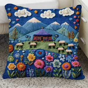 Detalle de funda de cojín con impresión de paisaje 3D, vibrante diseño floral y montaña.