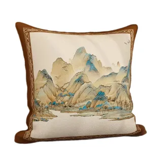 Elegant Chinese style landscape painting throw pillow luxury blue cushion for living room sofa