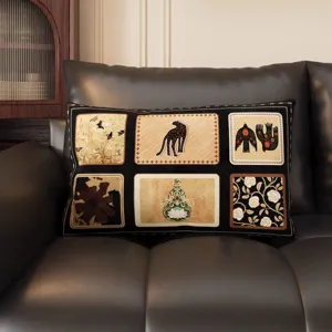 Vintage retro rectangular throw pillow with multi-panel art print, perfect for sofa and bed decor.
