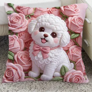 Cute white poodle and pink roses print throw pillow for cozy sofa and bed decoration, soft cushion.