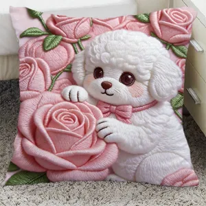Charming rose Bichon Frise printed throw pillow, cute sofa and bedside cushion with core.