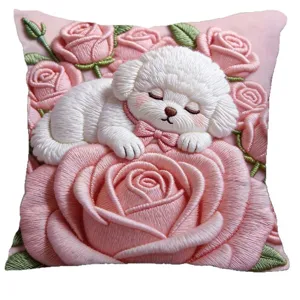 Cute white Bichon Frise puppy and pink roses print decorative throw pillow for couch bed.