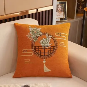 Elegant Chinese style embroidered throw pillow with peony and cloud patterns for sofa decoration.