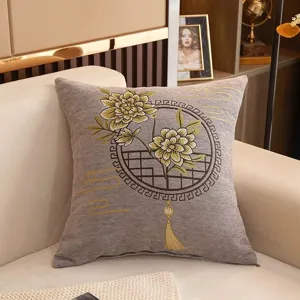 Chinese style embroidered peony throw pillow cover for living room sofa decoration.