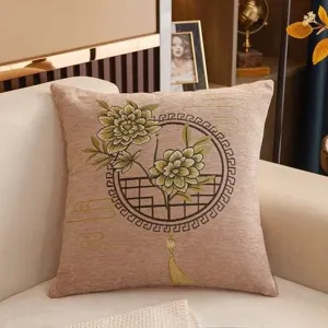 Classical Chinese style embroidered throw pillow, elegant peony pattern for sofa decoration.