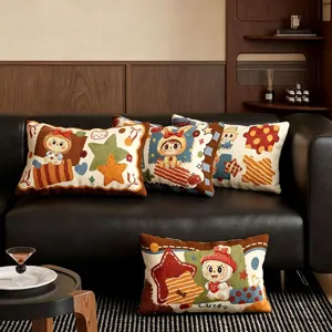 Detailed view of mid-century style cartoon throw pillow, cute rectangular sofa cushion cover.