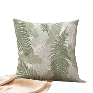Green fern leaf print throw pillow cover, soft decorative cushion for sofa, living room home.