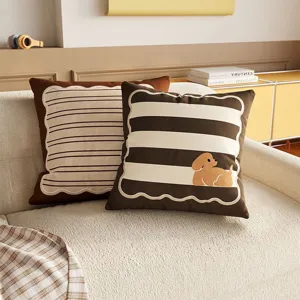 Cozy brown striped decorative square pillow with cute dog embroidery for sofa living room