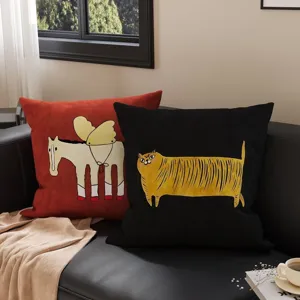 Retro cartoon decorative square throw pillow set, luxury velvet sofa cushion for living room.