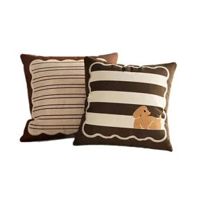 Cute brown striped square throw pillow set with cute puppy pattern for sofa bedroom decor.