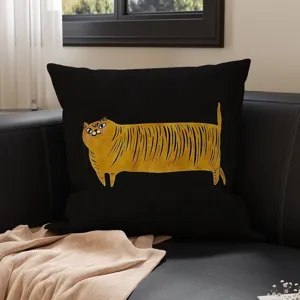 Vintage cartoon long cat throw pillow detail for cozy sofa and modern home decor.