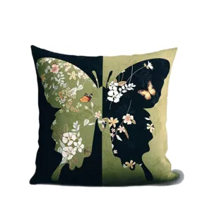 Vintage green throw pillow with Chinese floral and butterfly pattern for living room sofa cushion cover