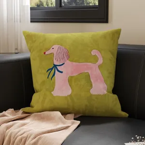 Detailed scene of a retro cartoon square throw pillow featuring a pink poodle on a green sofa.