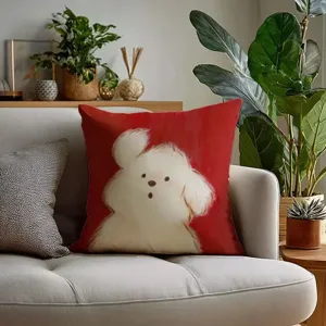 Bonito cojín rojo con diseño de cachorro blanco esponjoso, cojín de sofá suave y decoración hogar.