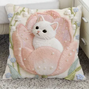 Cuscino decorativo ricamato con gatto tulipano, morbido cuscino per divano e soggiorno.
