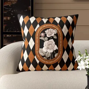Funda de cojín vintage con patrón de rombos y rosas para sofá decoración del hogar