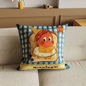 Cute cartoon toast character cushion with blue plaid pattern for living room sofa and office chair.
