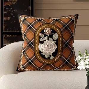 Cojin decorativo de cuadros vintage con elegante patron de rosa para el sofa.