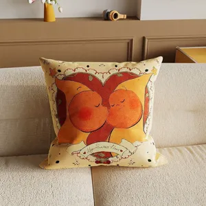 Cozy throw pillow detail showcasing retro cute kissing star illustration and soft fabric texture.