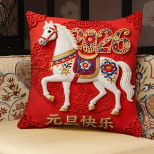 Red festive horse throw pillow for Chinese New Year, soft square sofa cushion decoration.