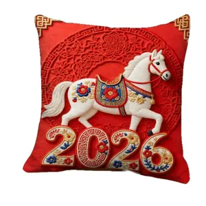Red Chinese style 2026 horse embroidery throw pillow soft sofa cushion for New Year decor