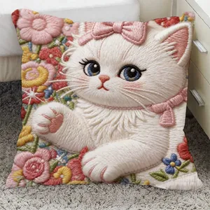 Cute cat print throw pillow with pink bow and floral design for sofa bedroom car decor.
